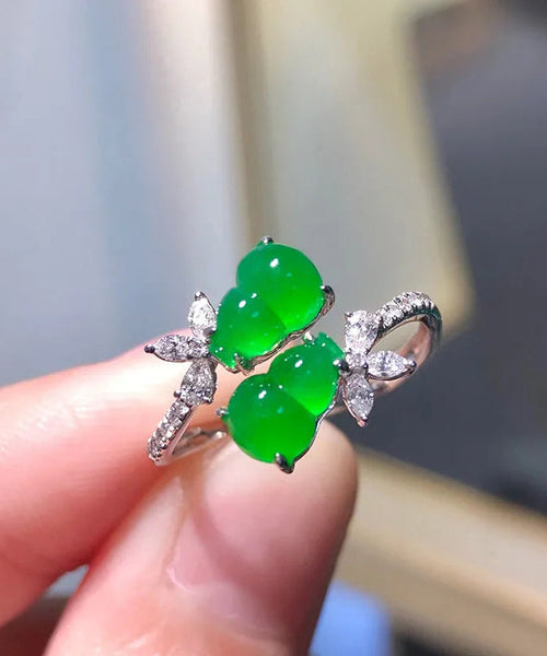Style Green Sterling Silver Inlaid Zircon Jade Gourd Rings AC1054 Genistyle Shop