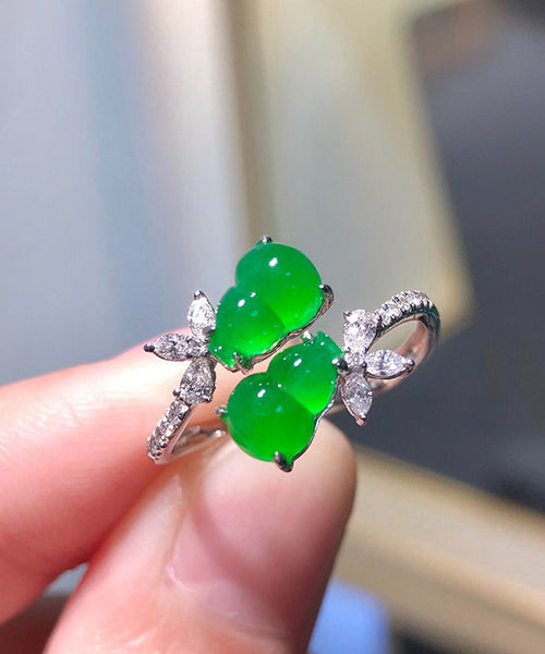 Style Green Sterling Silver Inlaid Zircon Jade Gourd Rings AC1054 Genistyle Shop