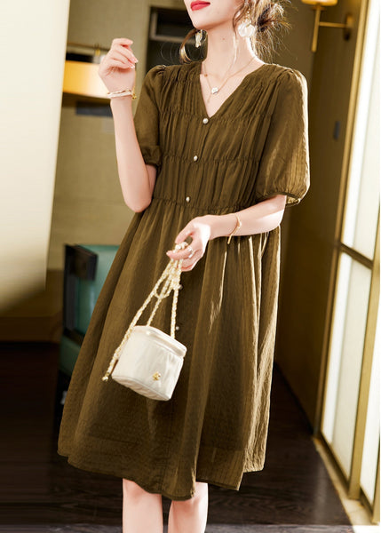 Style Green V Neck Wrinkled Silk Tea Dress Summer YK001 ABC