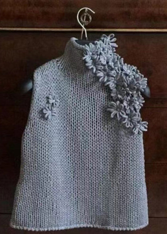 Style Grey Hign Neck Floral Knit Vest Sleeveless WN010 ABC