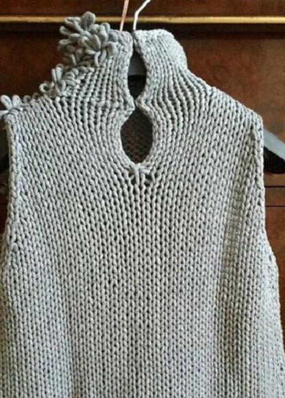 Style Grey Hign Neck Floral Knit Vest Sleeveless WN010 ABC
