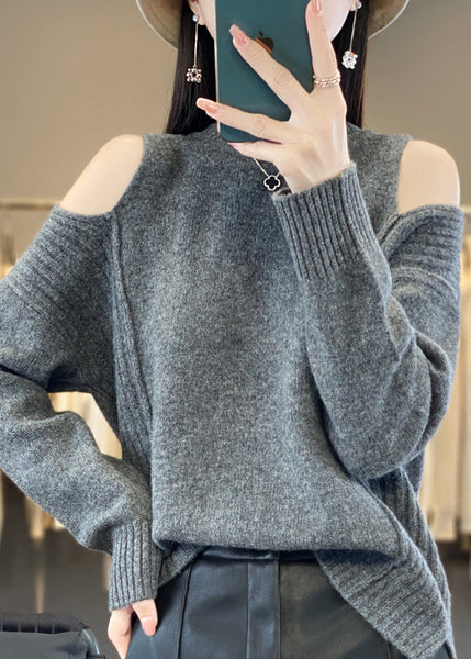 Style Grey O-Neck Cold Shoulder Woolen Knit Sweaters Spring YY038 ABC