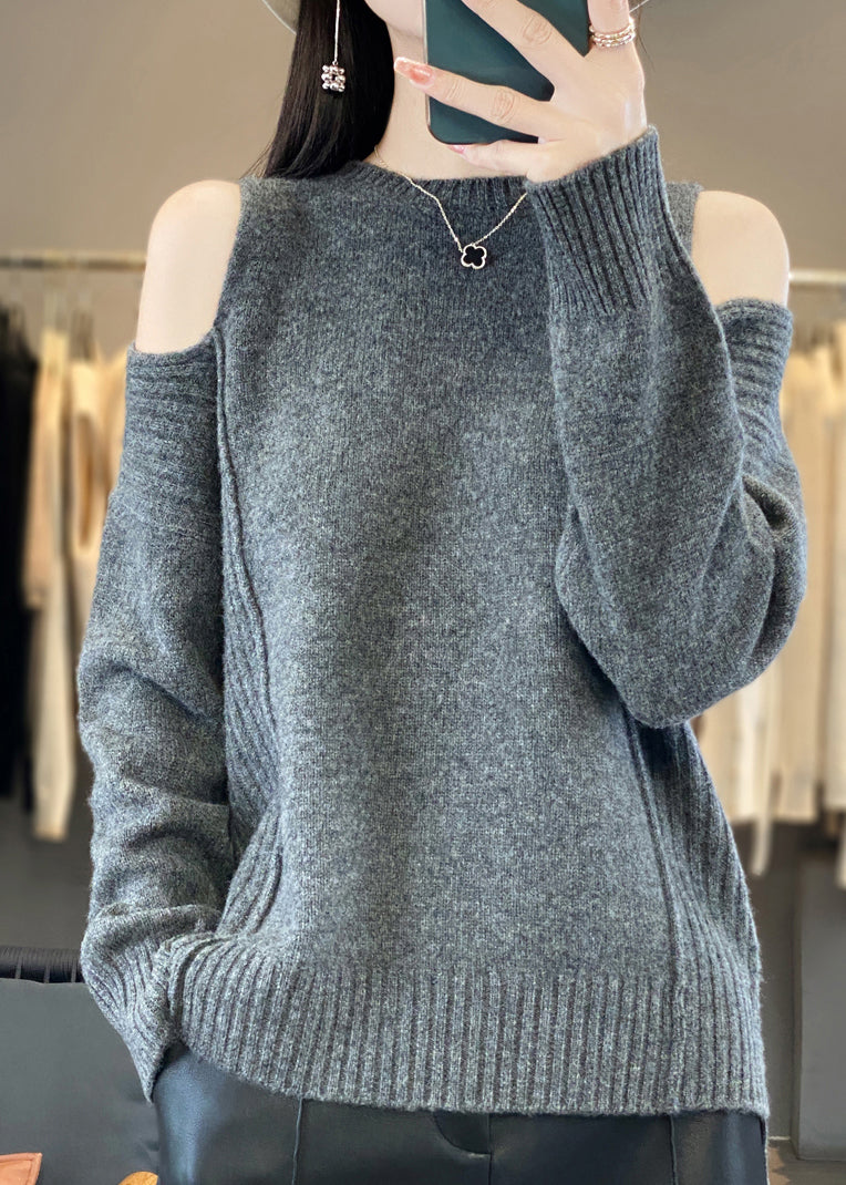 Style Grey O-Neck Cold Shoulder Woolen Knit Sweaters Spring YY038 ABC