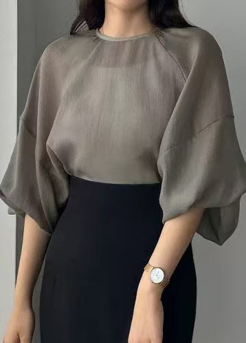 Style Grey Chiffon Tops Oversized Sleeve Sheer Lantern FashionChic
