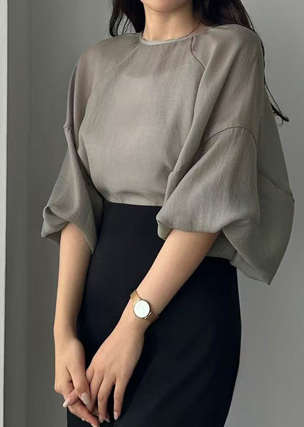 Style Grey Chiffon Tops Oversized Sleeve Sheer Lantern FashionChic