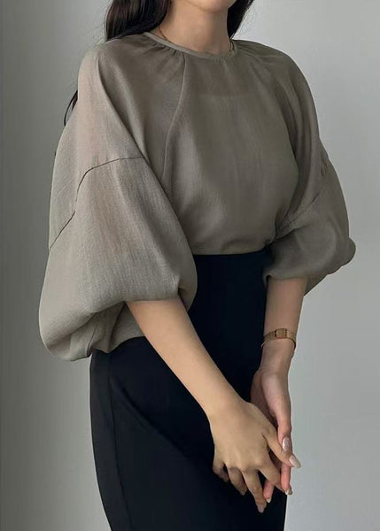 Style Grey Chiffon Tops Oversized Sleeve Sheer Lantern FashionChic