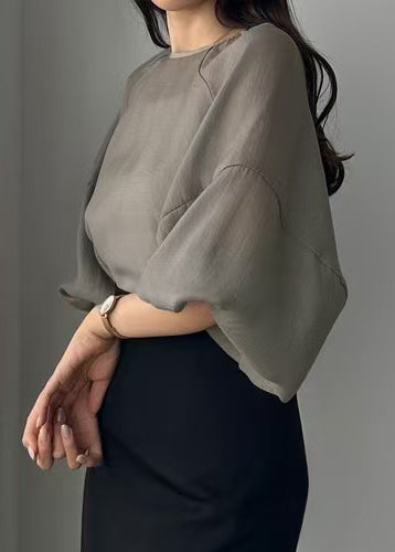 Style Grey Chiffon Tops Oversized Sleeve Sheer Lantern FashionChic