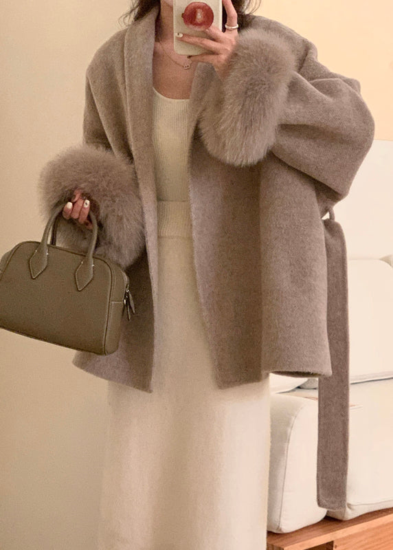 Style Grey Peter Pan Collar Faux Fur Patchwork  Woolen Coat Winter RS019 ABC