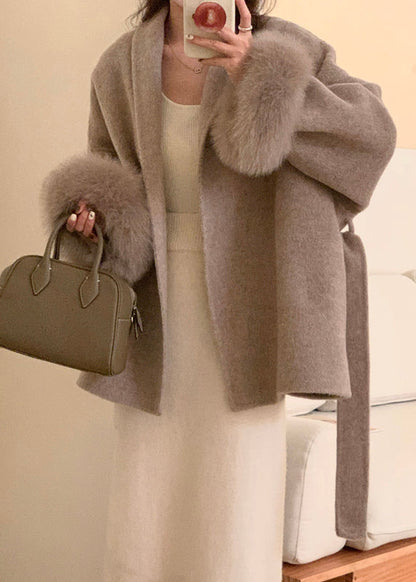 Style Grey Peter Pan Collar Faux Fur Patchwork  Woolen Coat Winter RS019 ABC