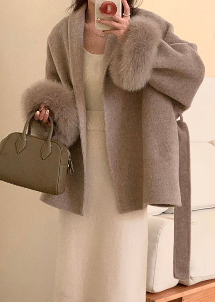 Style Grey Peter Pan Collar Faux Fur Patchwork  Woolen Coat Winter RS019 ABC