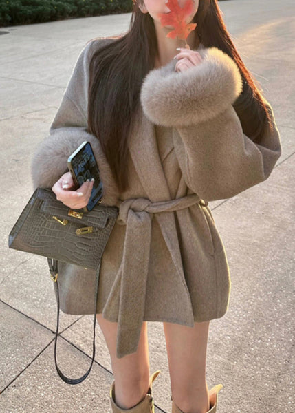 Style Grey Peter Pan Collar Faux Fur Patchwork  Woolen Coat Winter RS019 ABC