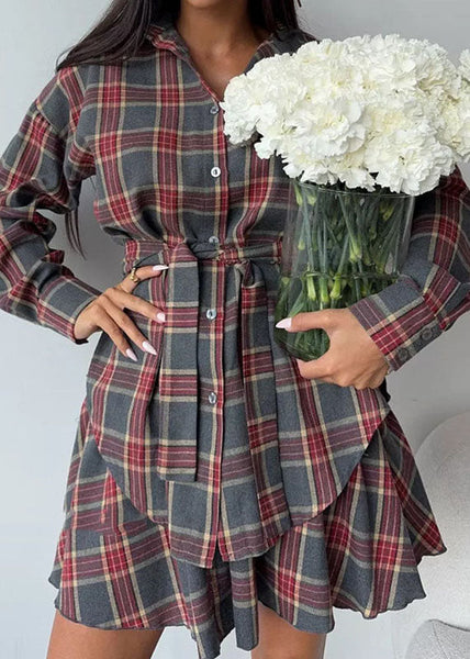 Two Cotton Style Plaid Pieces Ruffled Grey Summer Set FashionChic