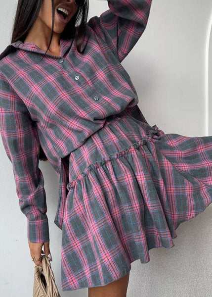 Two Cotton Style Plaid Pieces Ruffled Grey Summer Set FashionChic