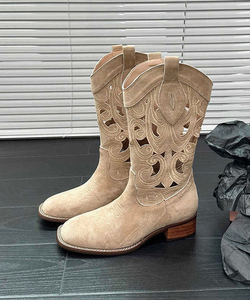 Style Hollow Out Embroidery Chunky Boots Brown Cowhide Leather DD1055 Shoe-XZ240605