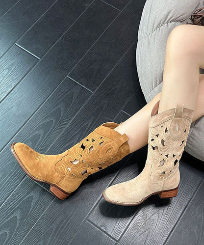 Style Hollow Out Embroidery Chunky Boots Brown Cowhide Leather DD1055 Shoe-XZ240605