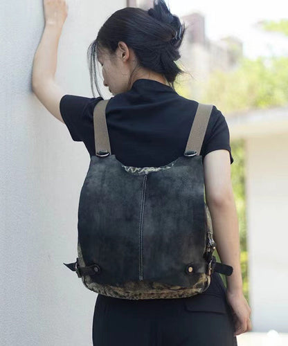 Style Khaki Calf Leather Patchwork Canvas Backpack Satchel Bag MM058 Bag-BGS240620