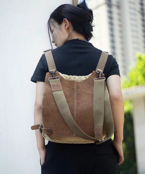 Style Khaki Calf Leather Patchwork Canvas Backpack Satchel Bag MM058 Bag-BGS240620