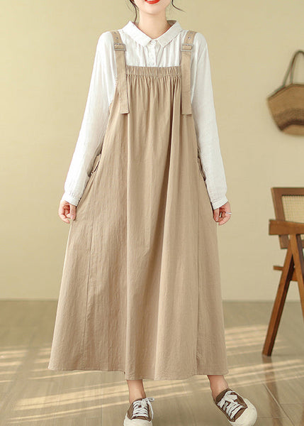 Cotton Summer Cami Oversized Khaki Dress Pockets Style FashionChic