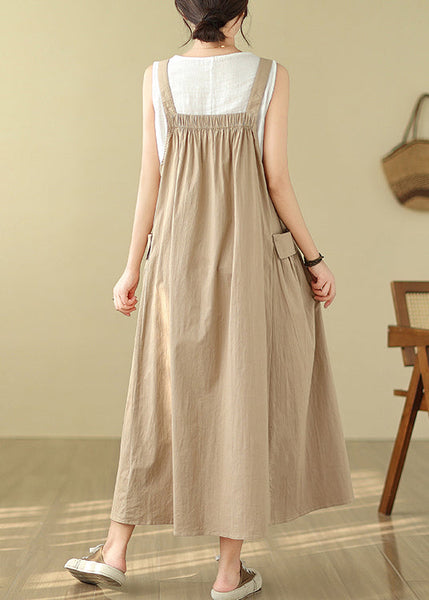 Cotton Summer Cami Oversized Khaki Dress Pockets Style FashionChic
