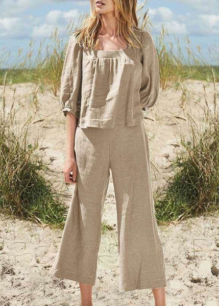 And Top Set Half Collar Pants Two Crop Khaki Square Style Pieces FashionChic