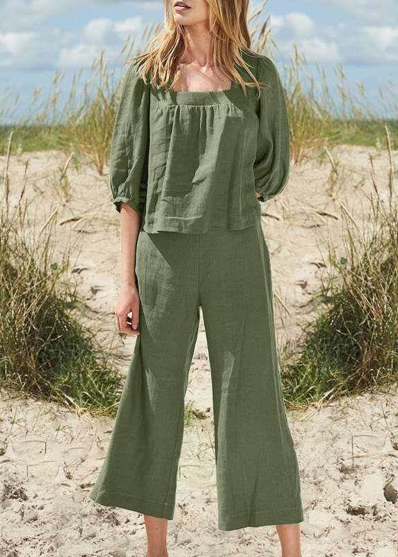 And Top Set Half Collar Pants Two Crop Khaki Square Style Pieces FashionChic