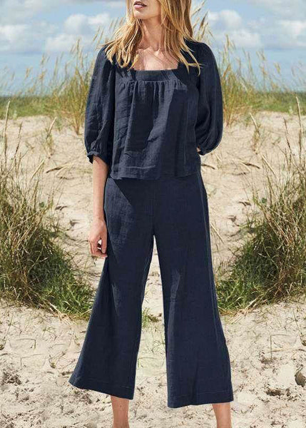 And Top Set Half Collar Pants Two Crop Khaki Square Style Pieces FashionChic