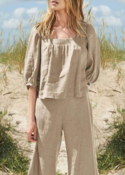 And Top Set Half Collar Pants Two Crop Khaki Square Style Pieces FashionChic