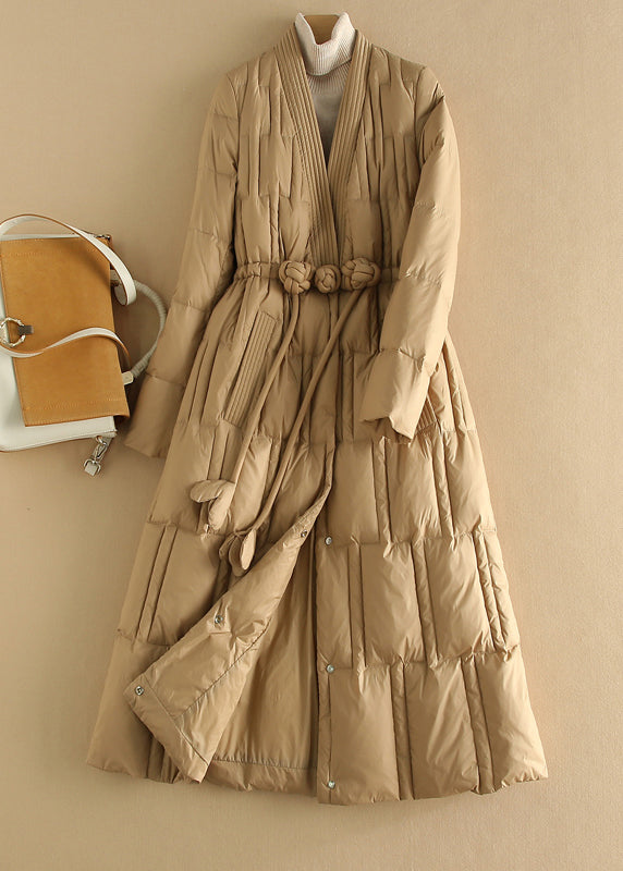 Style Khaki V Neck Pockets Slim Fit Duck Down Parka Winter RX006 ABC