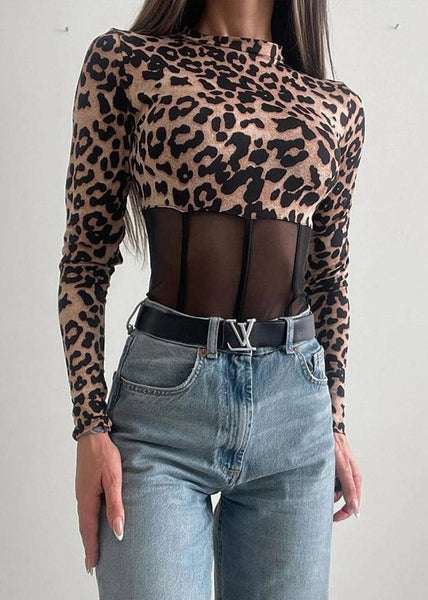 Bodysuit Patchwork Style Turtleneck Tulle Leopard FashionChic