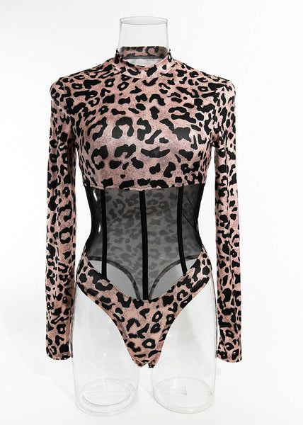 Bodysuit Patchwork Style Turtleneck Tulle Leopard FashionChic