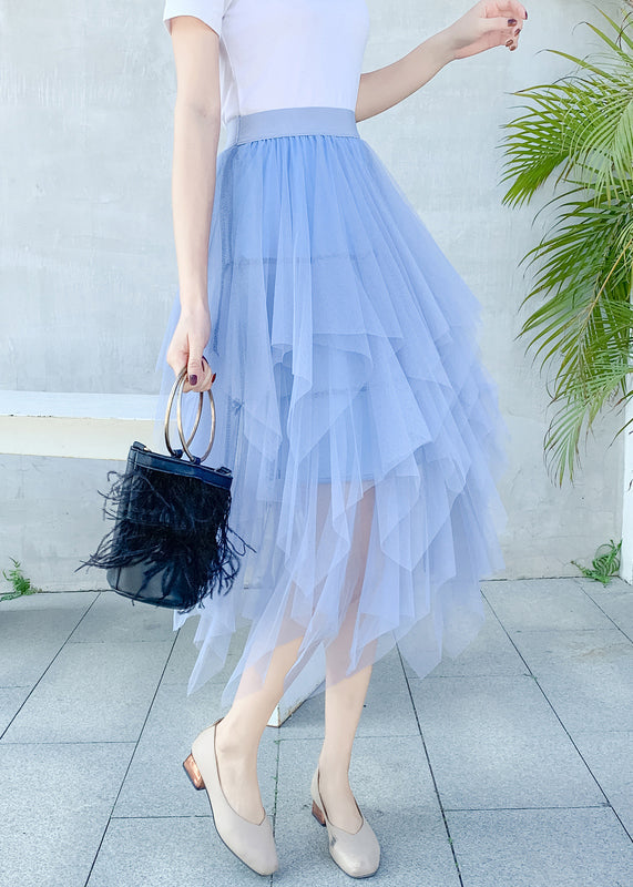 Style Light Blue Asymmetrical Elastic Waist Tulle Skirts Summer QQ1010 Ada Fashion