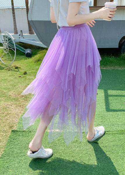 Style Light Blue Asymmetrical Elastic Waist Tulle Skirts Summer QQ1010 Ada Fashion