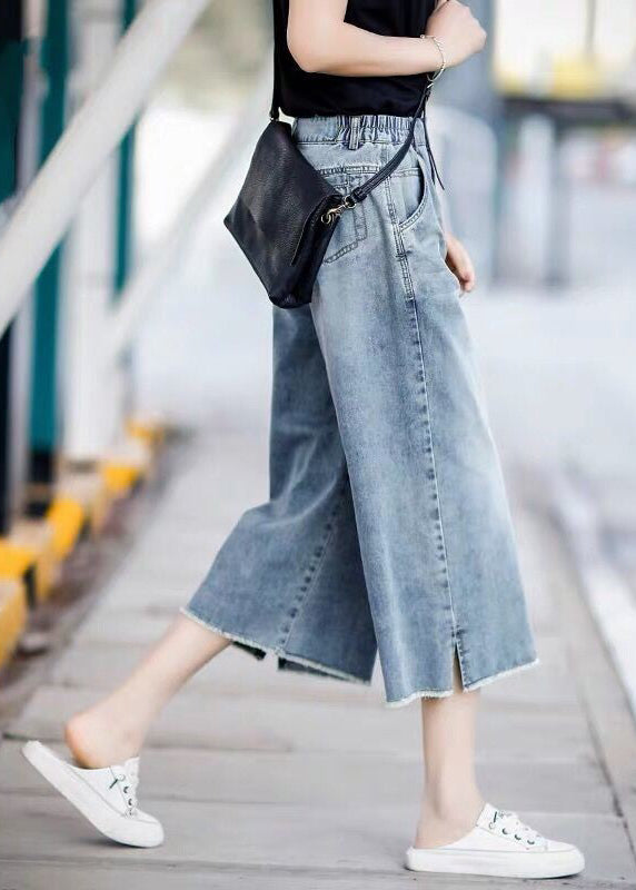 Crop Denim Style Elastic Trousers Blue Waist Light Pants Straight FashionChic