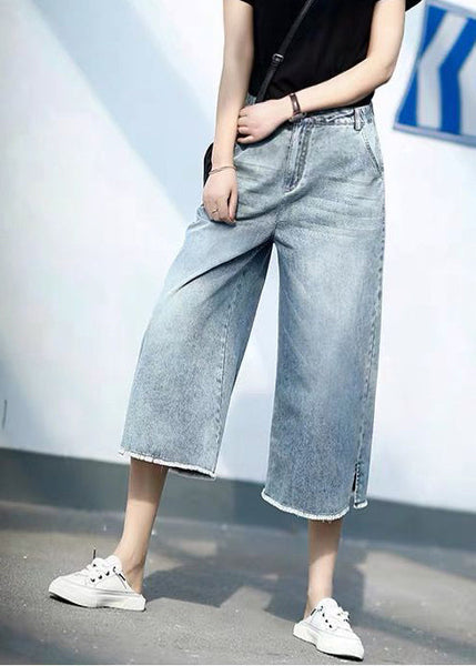 Crop Denim Style Elastic Trousers Blue Waist Light Pants Straight FashionChic