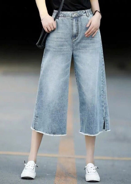 Crop Denim Style Elastic Trousers Blue Waist Light Pants Straight FashionChic