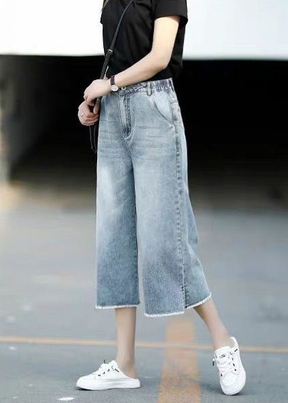 Crop Denim Style Elastic Trousers Blue Waist Light Pants Straight FashionChic