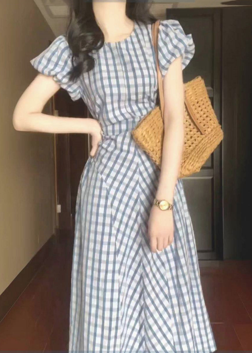 Style Light Blue O-Neck Plaid Tie Waist Long Dress Short Sleeve UU1023 SH-LF-SDL240526