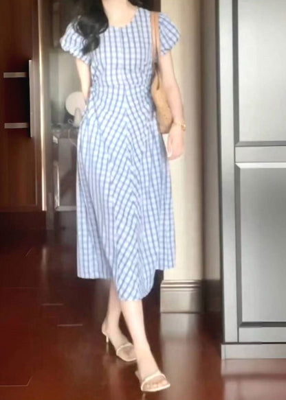 Style Light Blue O-Neck Plaid Tie Waist Long Dress Short Sleeve UU1023 SH-LF-SDL240526