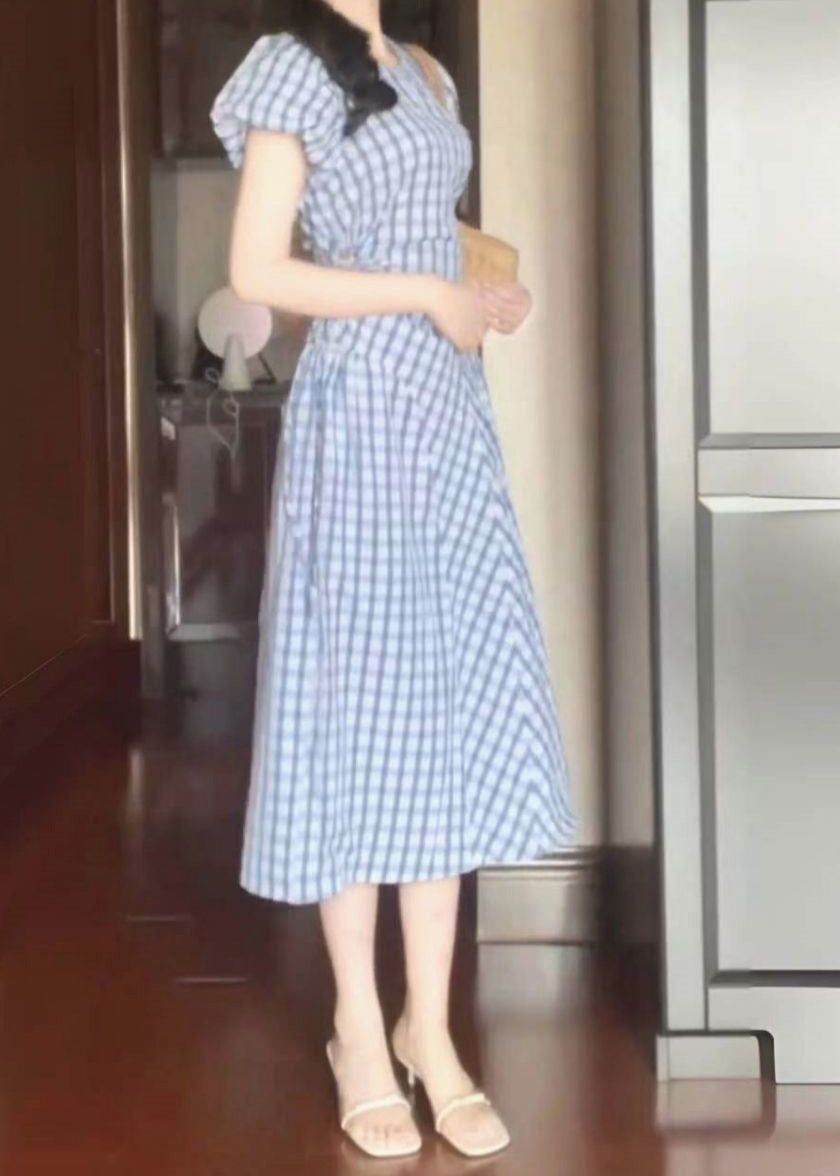 Style Light Blue O-Neck Plaid Tie Waist Long Dress Short Sleeve UU1023 SH-LF-SDL240526