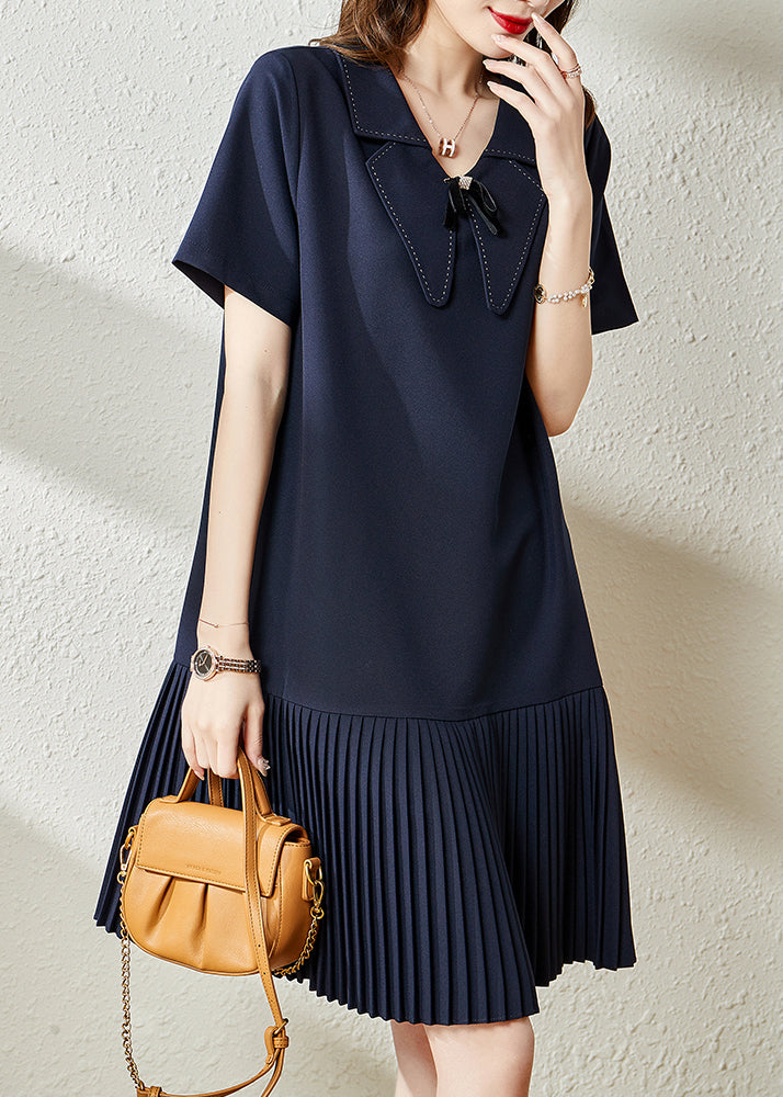 Style Navy Peter Pan Collar Patchwork Cotton Pleated Dresses Summer YY008 OL-SDM2408-16