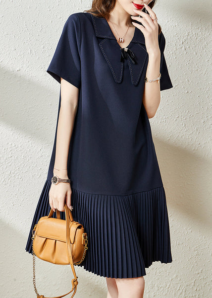 Style Navy Peter Pan Collar Patchwork Cotton Pleated Dresses Summer YY008 OL-SDM2408-16