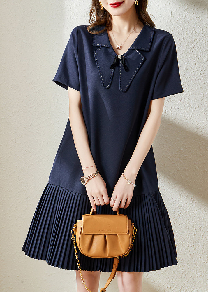 Style Navy Peter Pan Collar Patchwork Cotton Pleated Dresses Summer YY008 OL-SDM2408-16