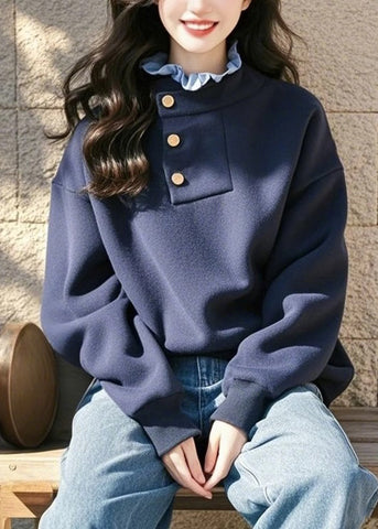 Style Navy Ruffled Patchwork Cotton Sweatshirt Spring TN024 ABC