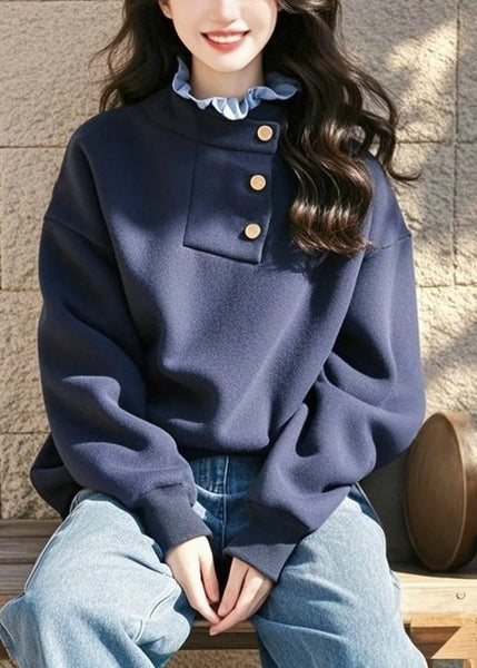 Style Navy Ruffled Patchwork Cotton Sweatshirt Spring TN024 ABC