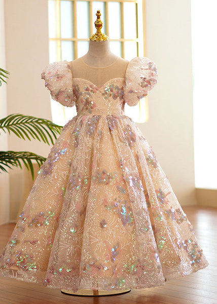 Style O-Neck Wrinkled Tulle Kids Long Dress Puff Sleeve YS004 ABC