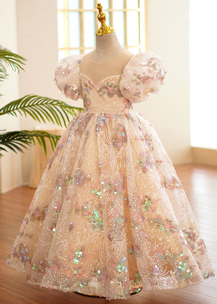 Style O-Neck Wrinkled Tulle Kids Long Dress Puff Sleeve YS004 ABC