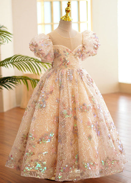 Style O-Neck Wrinkled Tulle Kids Long Dress Puff Sleeve YS004 ABC