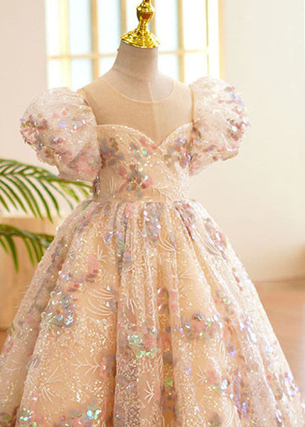 Style O-Neck Wrinkled Tulle Kids Long Dress Puff Sleeve YS004 ABC