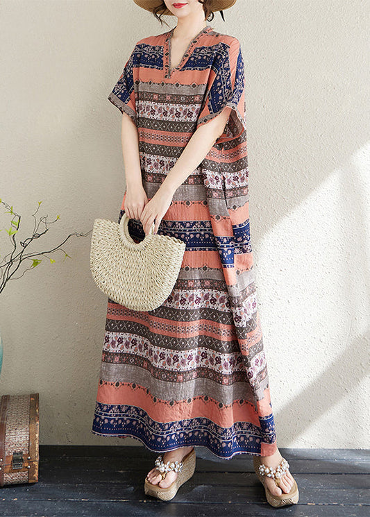 Dresses Summer Print Orange Long Striped Oversized Style Cotton FashionChic