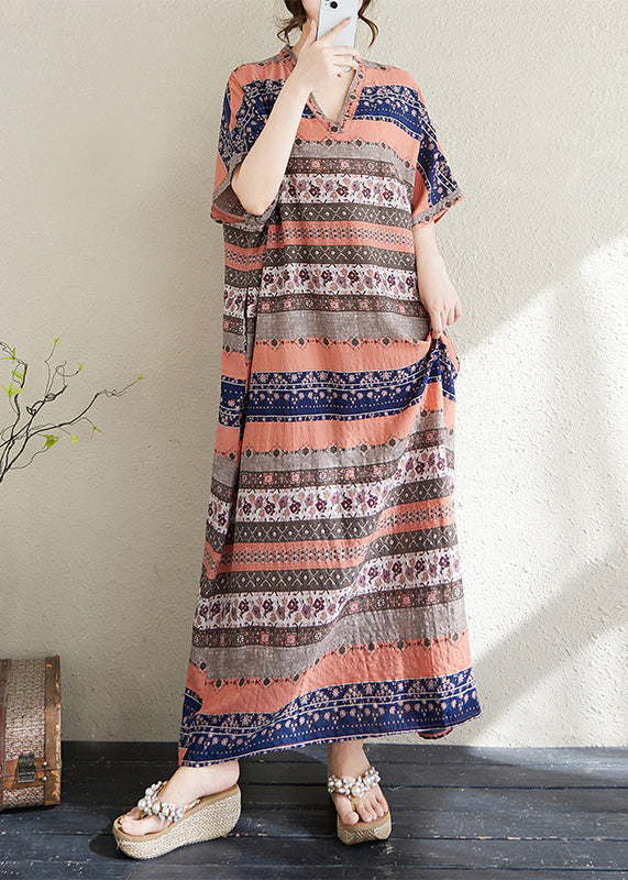 Dresses Summer Print Orange Long Striped Oversized Style Cotton FashionChic